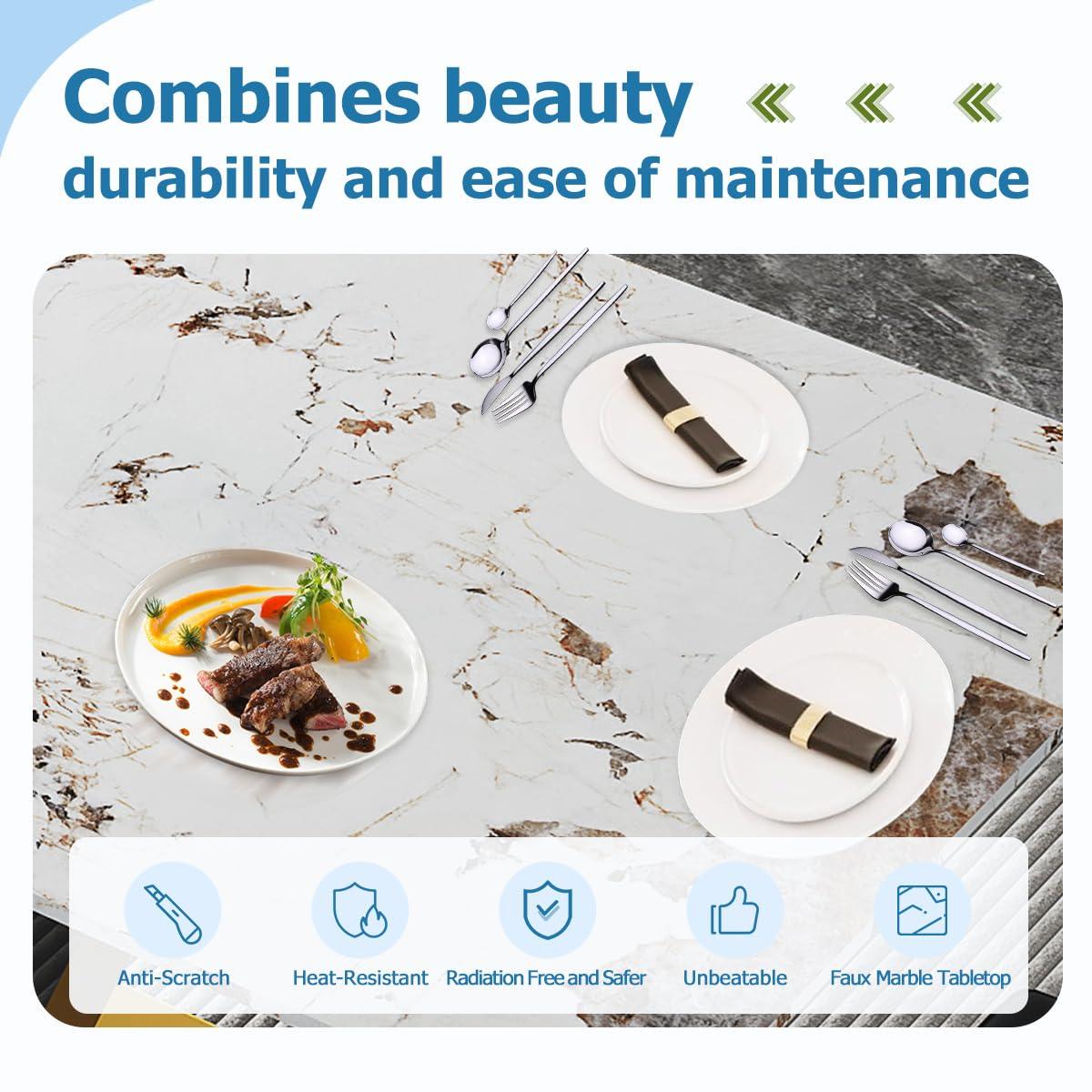 Rejeke Rejeke 71" Dining Table Set for 6, Modern White Rectangle Dining Room Table with PU Leather Chairs, Faux Marble Top