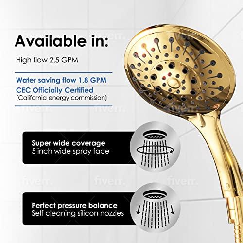 Wellness & Co Aquarius Gold Shower Head With Handheld Sprayer, 6 Spray Settings High Pressure Polished Brass Shower Head With Hose (Extra Long) & Adjustable Brass Ball Bracket Kit, Shower Head Gold Finish
