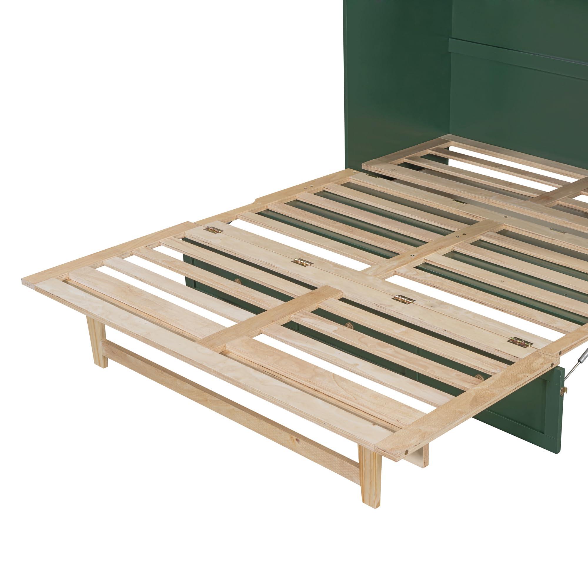 Tdewlye Tdewlye Stylish Versatility Queen Size Murphy Bed, Murphy Cabinet Bed with Large Drawer, Can Be Foldable, Space Saving, Wooden Low Bedframe for Bedroom, Apartment (Green-rr)