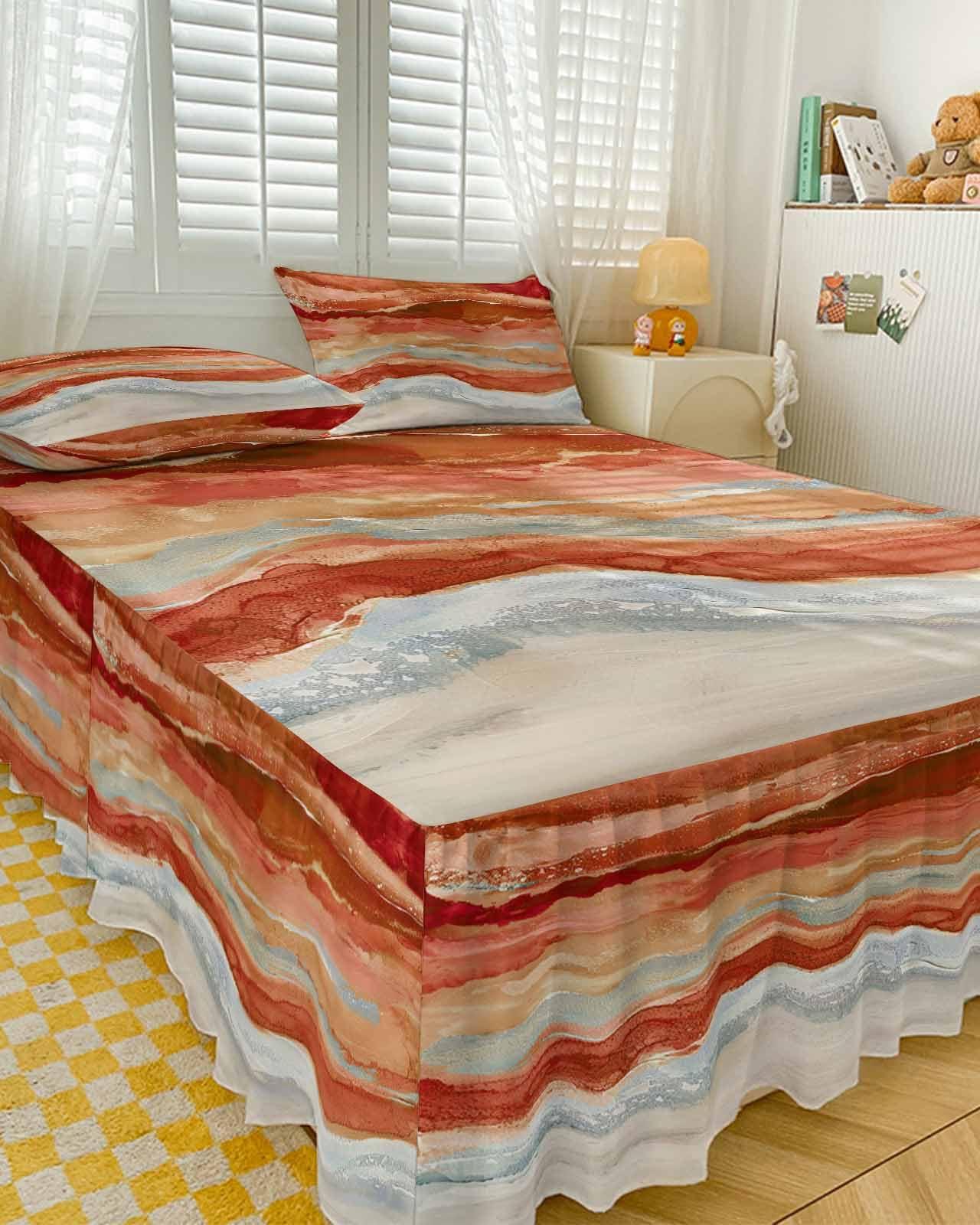 RisQiten RisQiten Burnt Orange Coastal Bed Skirt Sheet Set 1 Bed Sheet & 2 Pillowcases, Bed Skirt Cal King Size 18 Inch Drop, Summer Beach Nautical Abstract Art Wrap Around Bed Skirts, Bedding Skirt Bedspread