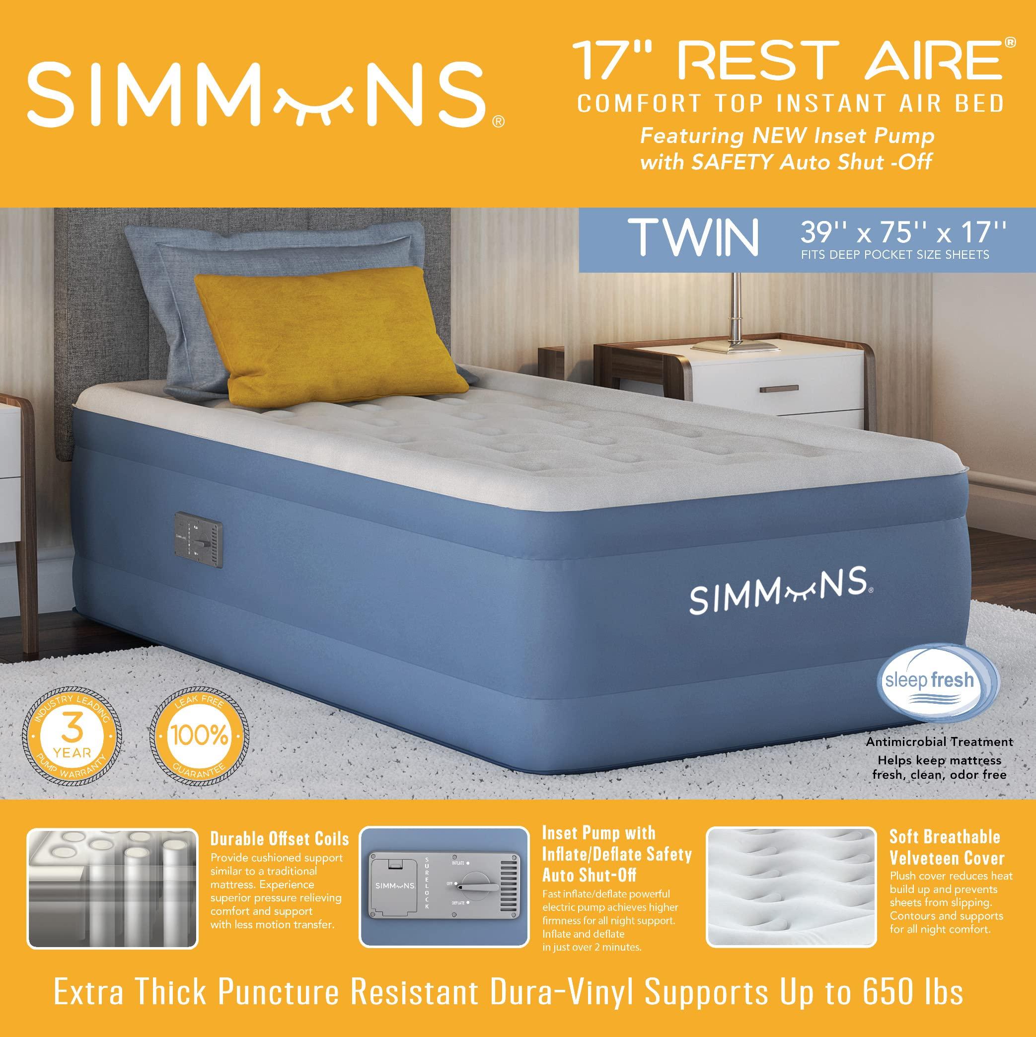 Simmons Simmons Rest Aire Mattress Air Bed with Side Built-in Pump and Soft Velveteen Topper, 17" Twin