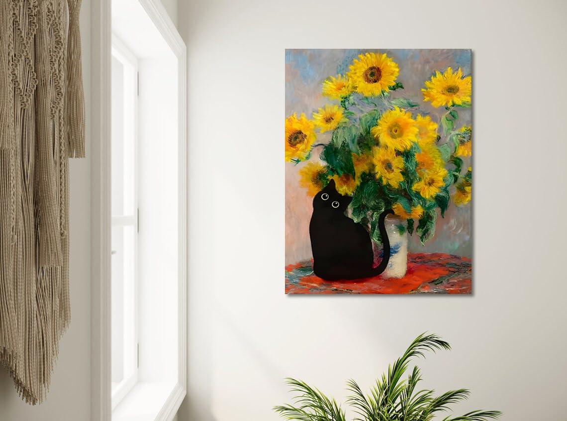 FOSULA Monet Cat Wall Art - Claude Monet Cat Wall Art Prints - Cat Monet Art - Monet Sunflowers Cat Canvas Print - Claude Monet Cat Poster - Monet Sunflowers Cat Wall Decor - Framed Ready to Hang