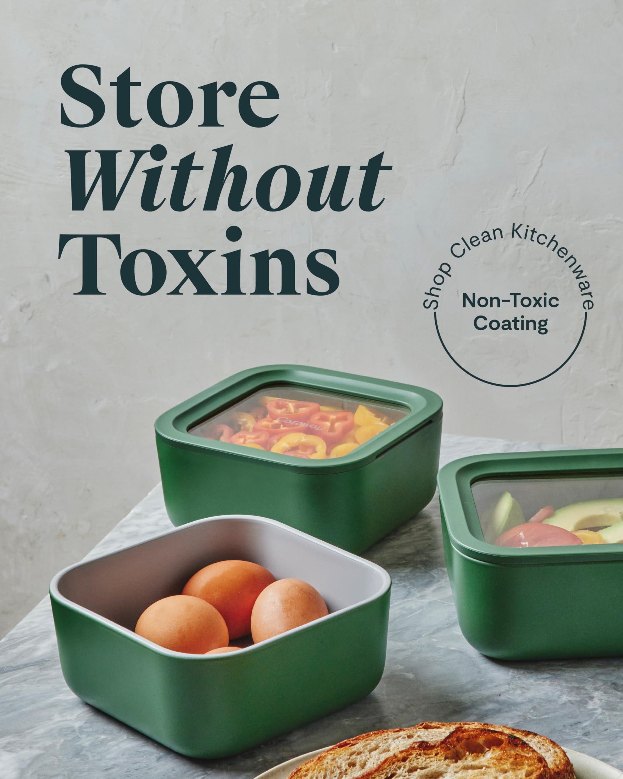 Caraway Caraway Glass Food Storage, 10 Cup Glass Container - Ceramic Coated Food Container - Easy to Store, Non Toxic, Non Stick Lunch Box Container with Glass Lids. Dishwasher, Oven, & Microwave Safe - Sage