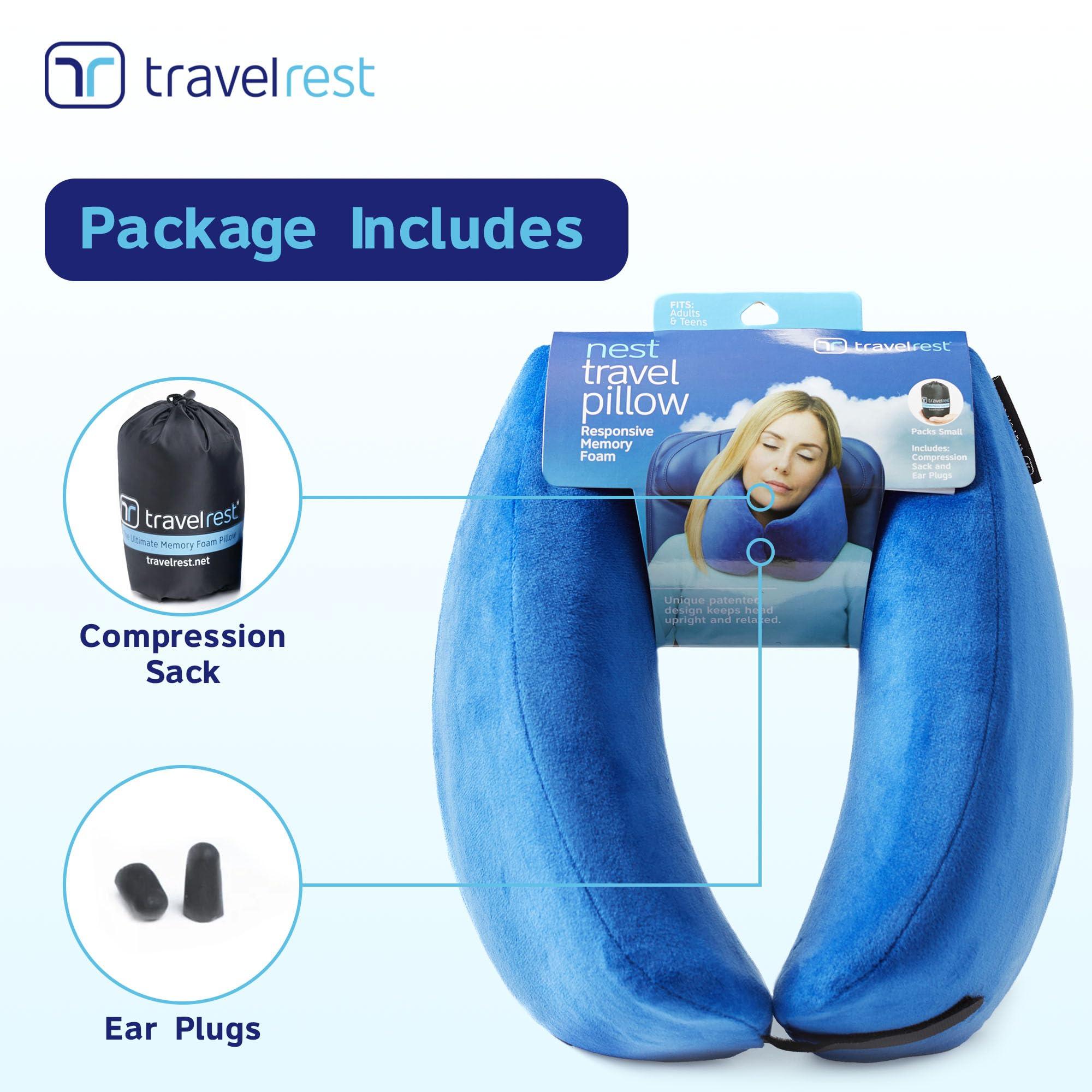 TRAVELREST TRAVELREST Nest Neck Pillow Travel Essentials - Memory Foam Pillow and Patented Design, Support for Long Flights, Travel Accessories, Comfortable and Compact, Washable, Attaches to Luggage - Blue