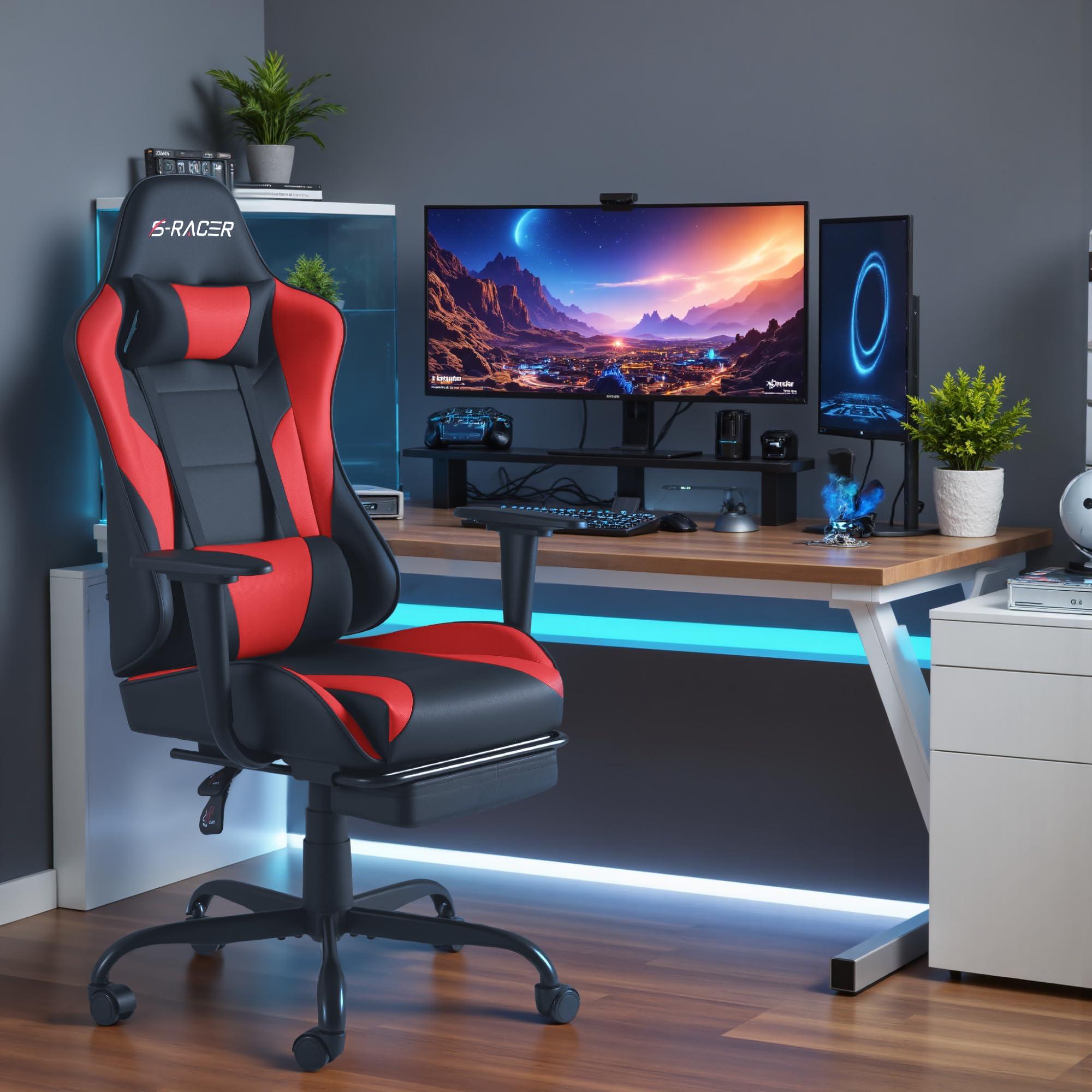 Homall Homall Gaming Chairs, Computer Chair with Footrest and Massage Lumbar Support, Height Adjustable Game Chair with Headrest and Swivel Seat (Red)