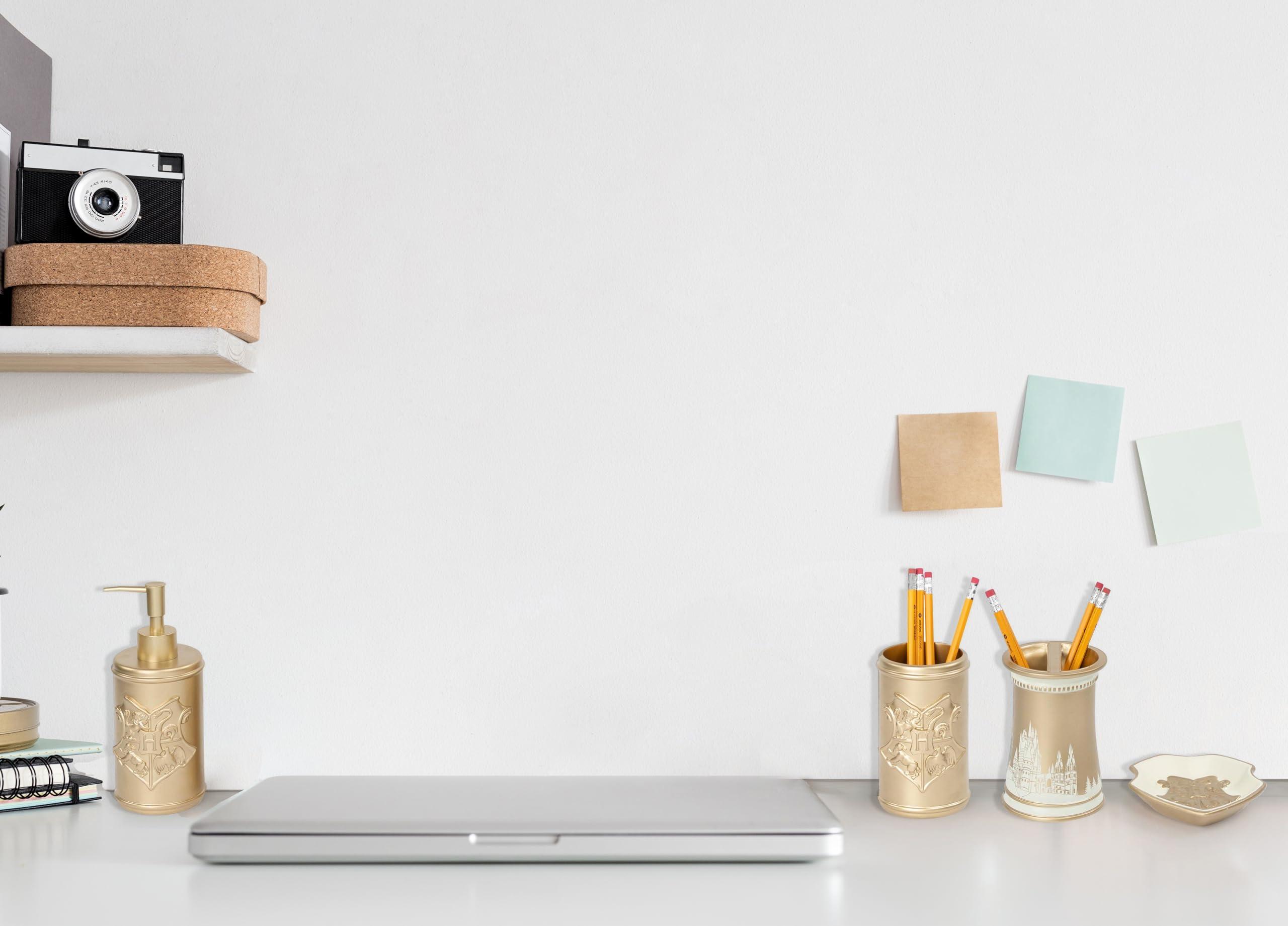 Jay Franco Harry Potter Bathroom Organizer Set - 4 Piece White and Gold Hogwarts Crest Accessories includes Resin Soap Dispenser, Soap Dish, Toothbrush Holder and Tumbler - Bathroom Dcor