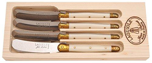 ReBL LLC Jean Dubost Laguiole 4pc Spreaders and 3pc Cheese Set with Ivory handles in Wooden Boxes Plus Kitchen Towels
