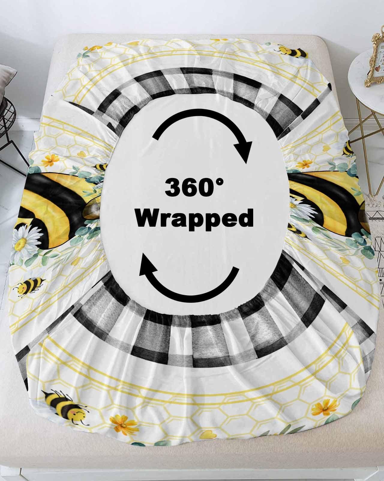 Alandar Home Cal King Fitted Bed Sheet Deep Pocket,Summer Daisy Bee Love Heart Eucalyptus Leaves Bedding Sheet Soft Brushed Microfiber Fitted Sheets,Black White Plaid Hotel Fitted Bottom Sheet with Pillowcase Set