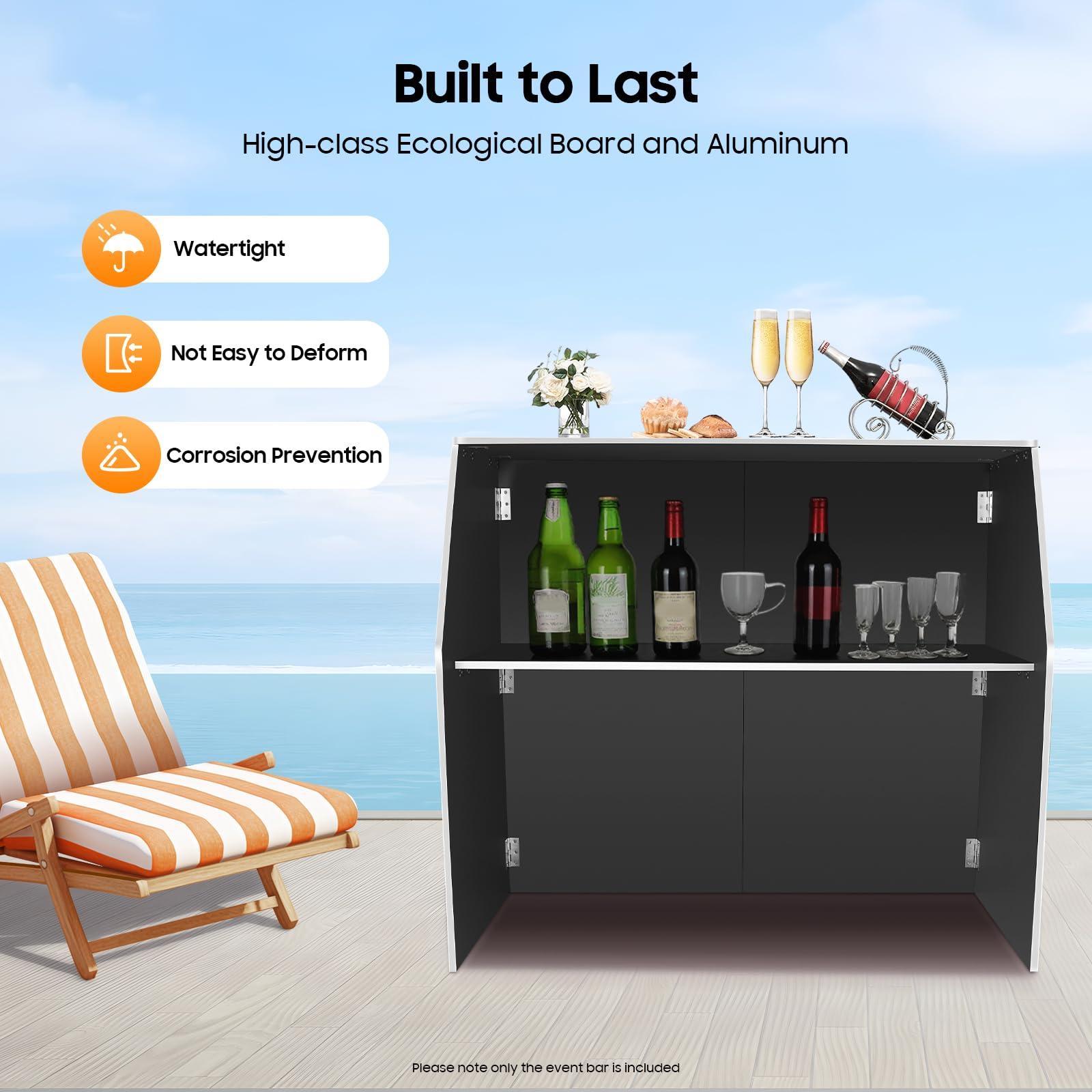 Pinelicorn Pinelicorn 4\' Folding Portable Event Bar with Top and Middle Shelves, Portable Bar Cabinet Mobile Bartender Station Mobile Laminate Foldable Bar Table for Parties and Events (Frosted Black)