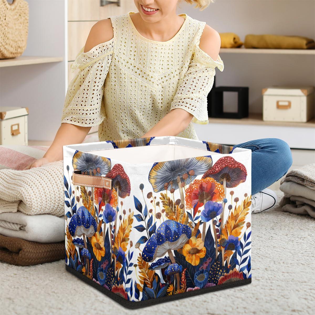 Tablerazzi Tablerazzi Mushroom Farmhouse Cube Storage Bin, 13 Inch Collapsible Fabric Storage Cube Bin, Foldable Cube Baskets for Shelf, Closet, Organizer