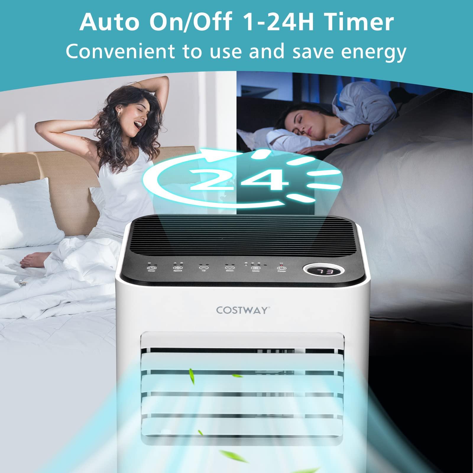 COSTWAY COSTWAY 8000 BTU Portable Air Conditioner, with Fan & Dehumidifier Mode, Quiet AC Unit with Sleep Mode, 2 Speeds, 24H Timer, LED Display, Remote Control, Cool Rooms up to 250 Sq.Ft (White-8000BTU)