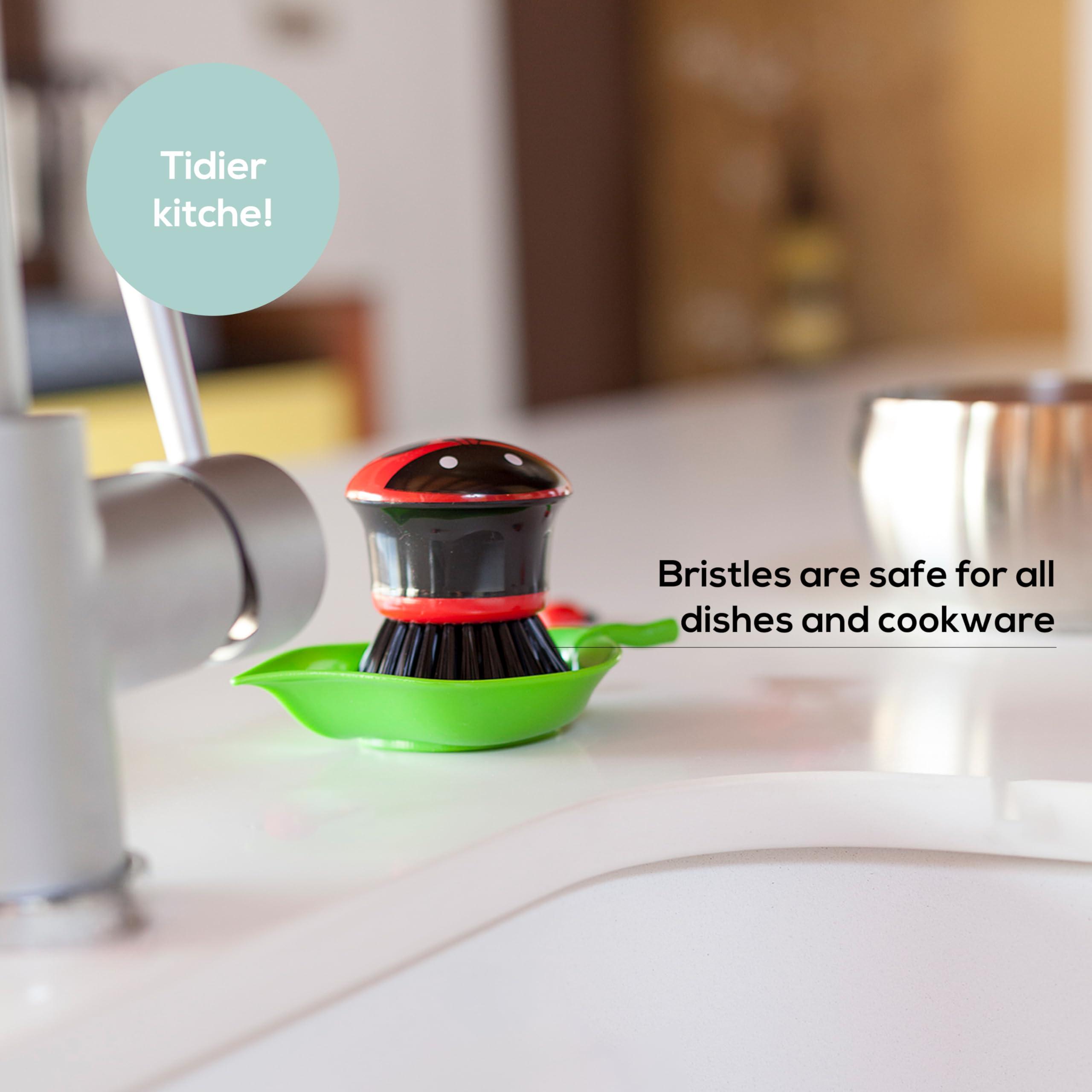 Vigar Vigar Ladybug Palm Dish Scrub Brush with Holder, Perfect Kitchen Brushes for Dishes, Sink Brush and Cleaning Brushes for Household Use, Red, Green