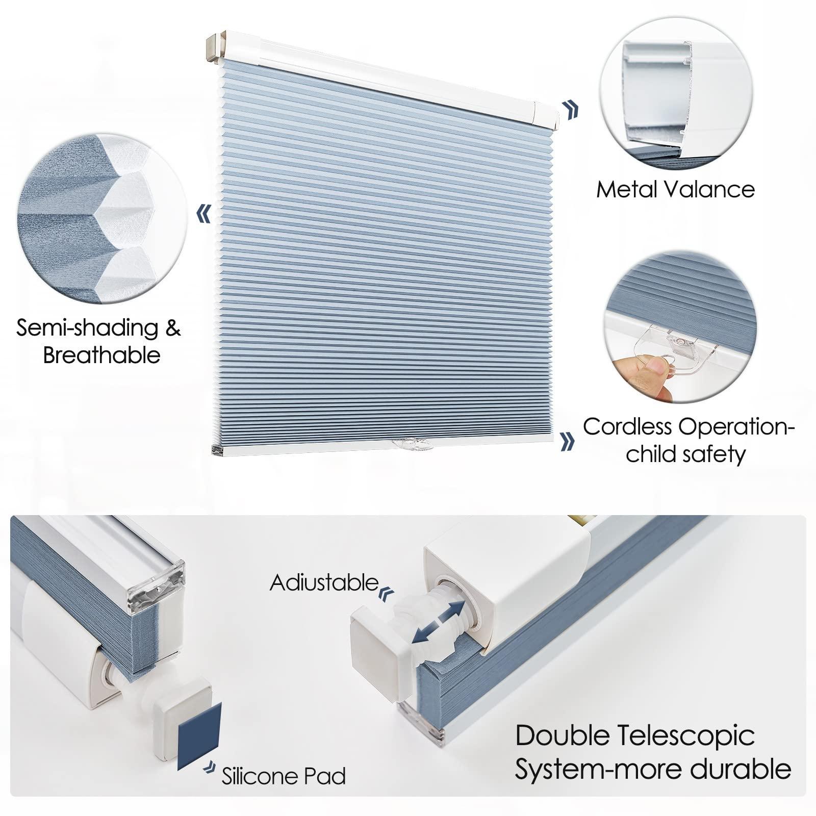 Keego Keego Durable Window Blind Cellular Shade No Drill Single Cell Free Stop Window Blinds Insulated Breathable Door RV Camper Blinds for Home Office Kitchen Bathroom (Light Filtering, Blue, 47w x 22h)
