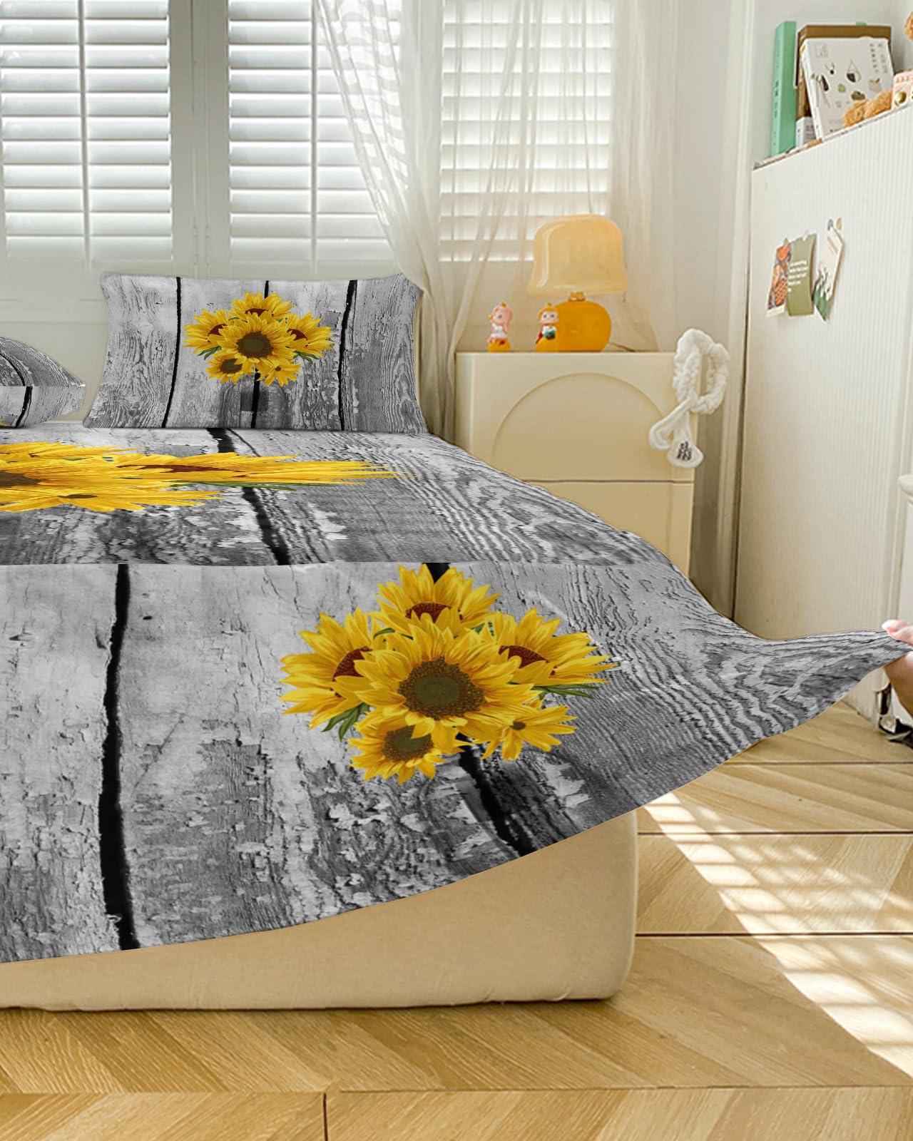 Yukro Ruffled Bed Skirt King Size with 18 Drop, Sunflower Bottle Retro Wood Grain Wrap Around Bed Skirt with 2 Pillow Sham, Easy Fit Fade Resistant Dust Ruffle Decorative Bed Skirt