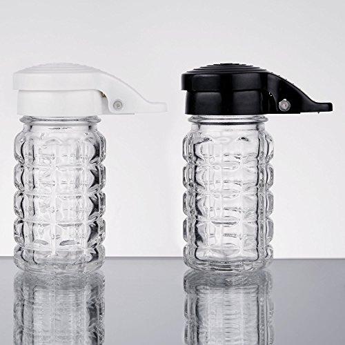 Tablecraft Tablecraft Moisture Proof Salt & Pepper Shakers - 1.5 Oz - Glass w/Black & White Lids Spring Loaded, No Clog, Set of 2