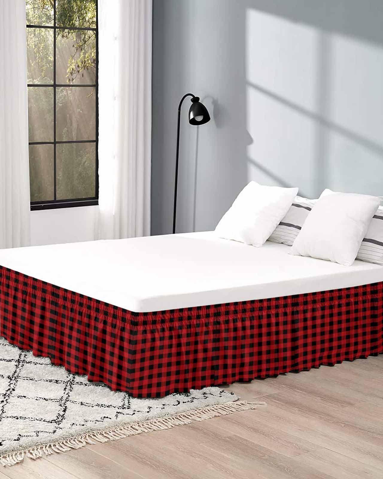 RisQiten Red Black Plaid Bed Skirt Queen Size 16 Inch Drop, Adjustable Elastic Bedskirt Dust Ruffle for Queen Bed, Farmhouse Checkered Buffalo Wrap Around Bed Skirts Luxurious Pleated Bed Frame Cover