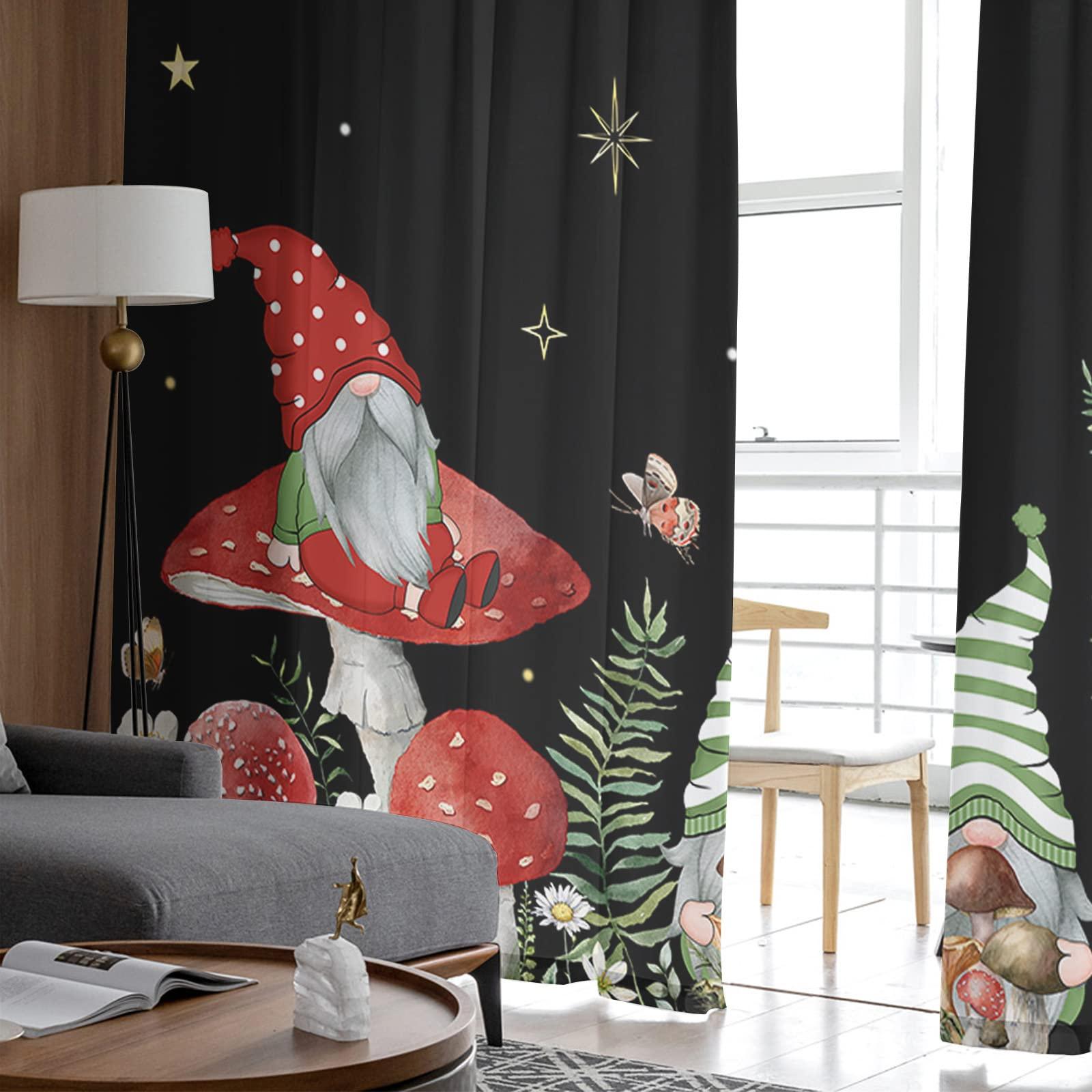 Gehucoxee Gehucoxee Semi Sheer Curtains 84 Inches Long, Mushroom Gnomes Curtains Sheer for Living Room, Window Floral Stars Moon Black Backdrop Voile Drapes Chiffon Curtain for Bedroom 2 Panel Rod Pocket