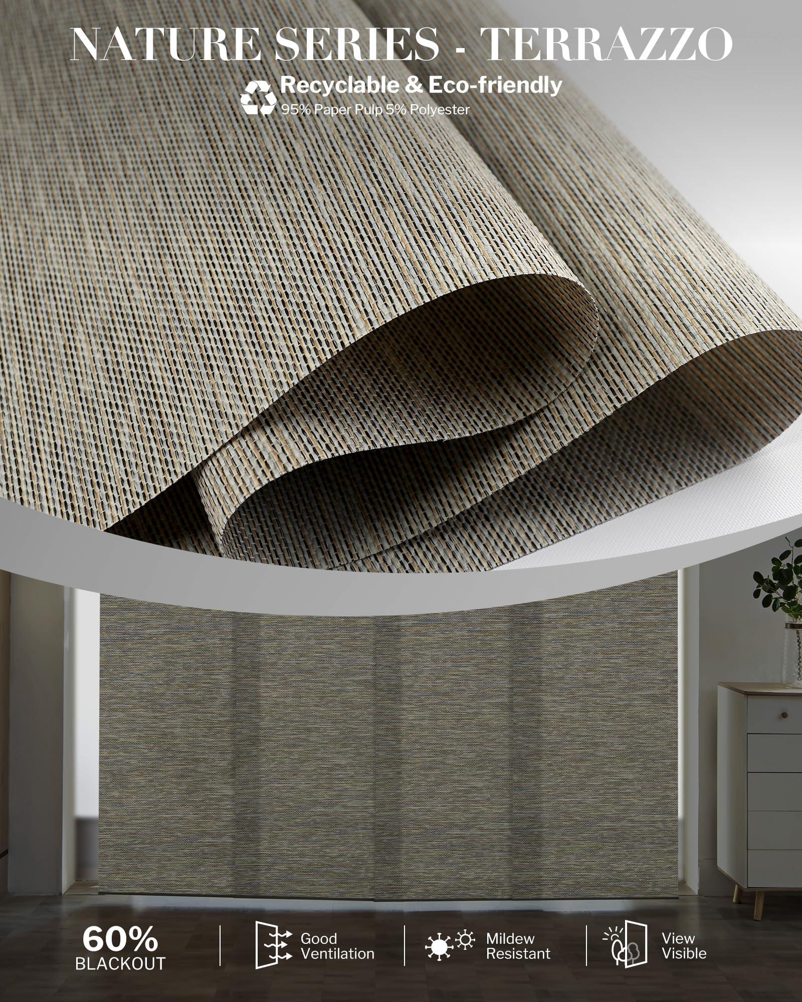 Graywind Graywind Manual Sliding Panels Natural Woven Panel Track Blinds Wand Control Window Blinds for Patio Sliding Glass Door Large Windows Width Up to 153", Custom Size (Terrazzo)