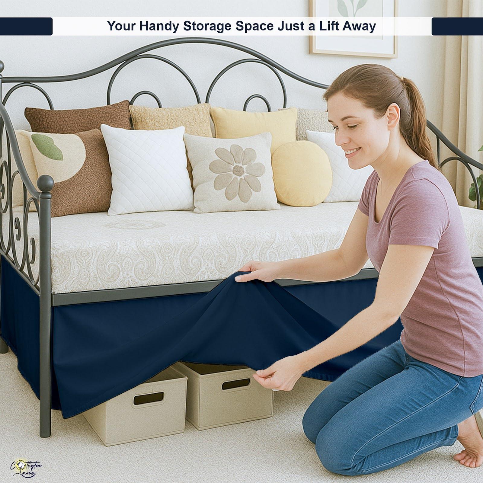 Cottington Lane Pleated Bed Skirt with Split Corners for Daybeds - Three Side Coverage - Made with Brushed Microfiber - Navy Blue Daybed Dust Ruffle Split Corners - Full 21 Inches Drop Daybed Skirt(Full/21\" Drop)