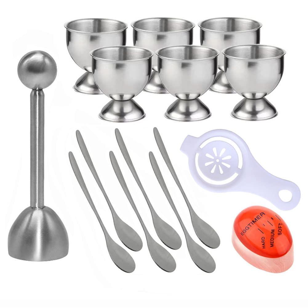 brandname Egg Cracker Topper Set for Soft Boiled Eggs Includes 1 Stainless Steel Egg Topper 6 Egg holder cups 6 Egg Spoons 1 Egg Timer 1 Egg Yolk Separator