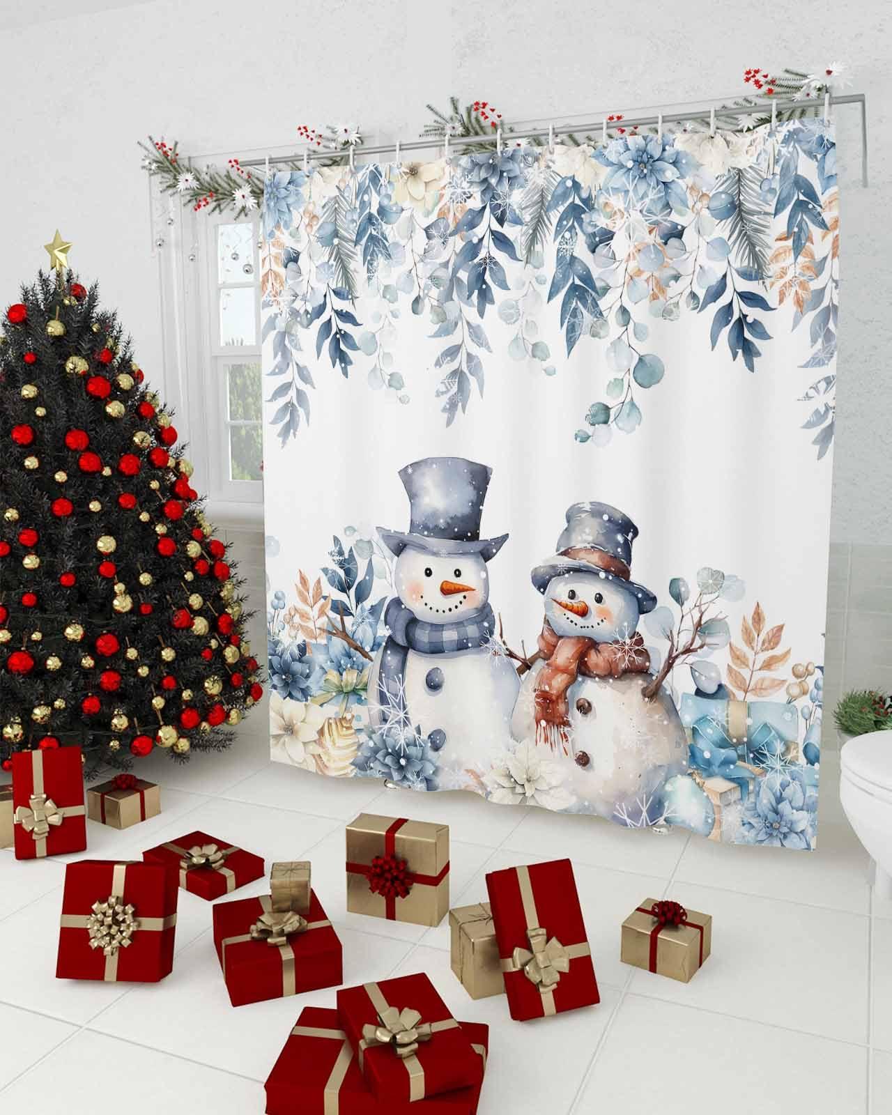 Amaze-Home Christmas Shower Curtains for Bathroom, Snowman Shower Curtain Set with Hooks Eucalyptus Leaves Waterproof Fabric Bathroom Curtains for Showers Bathtubs Winter Holiday Bath Decoration 36x78 inch