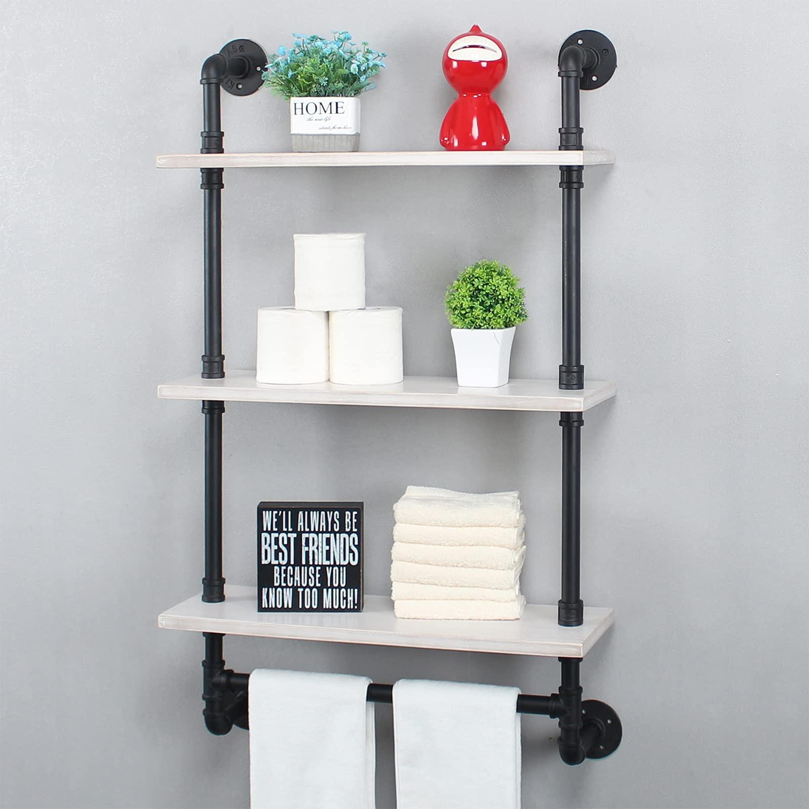 MBQQ Industrial Pipe Shelving,Iron Pipe Shelves Industrial Bathroom Shelves with Towel bar,24in Rustic Metal Pipe Floating Shelves Pipe Wall Shelf,3 Tier Industrial Shelf Wall Mounted,Black & White
