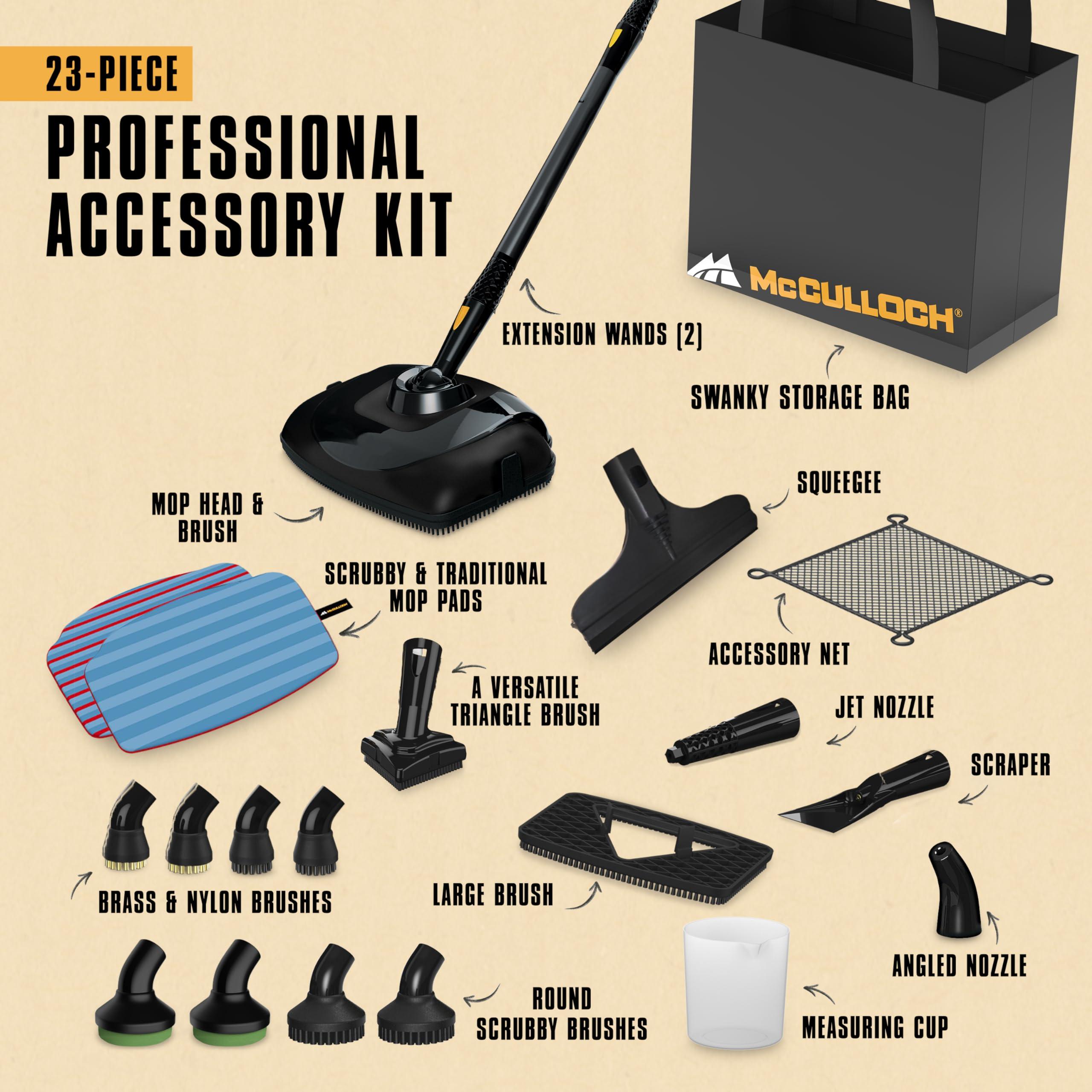 McCULLOCH McCulloch MC1385 Deluxe Canister Steam Cleaner with 23 Accessories, Chemical-Free Pressurized Cleaning for Most Floors, Counters, Appliances, Windows, Autos, and More, 1-(Pack), Black