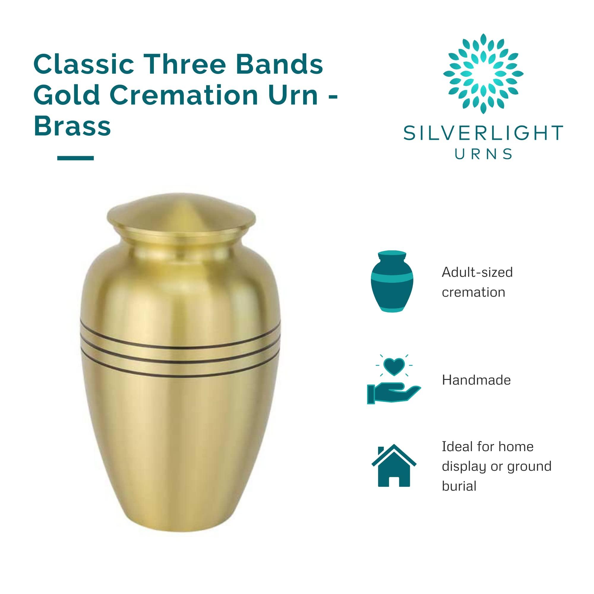 Silverlight Urns Classic Three Bands Gold Cremation Urn for Ashes, Brass, Gold Urn, Adult Sized Cremation Urn, 10 Inches High
