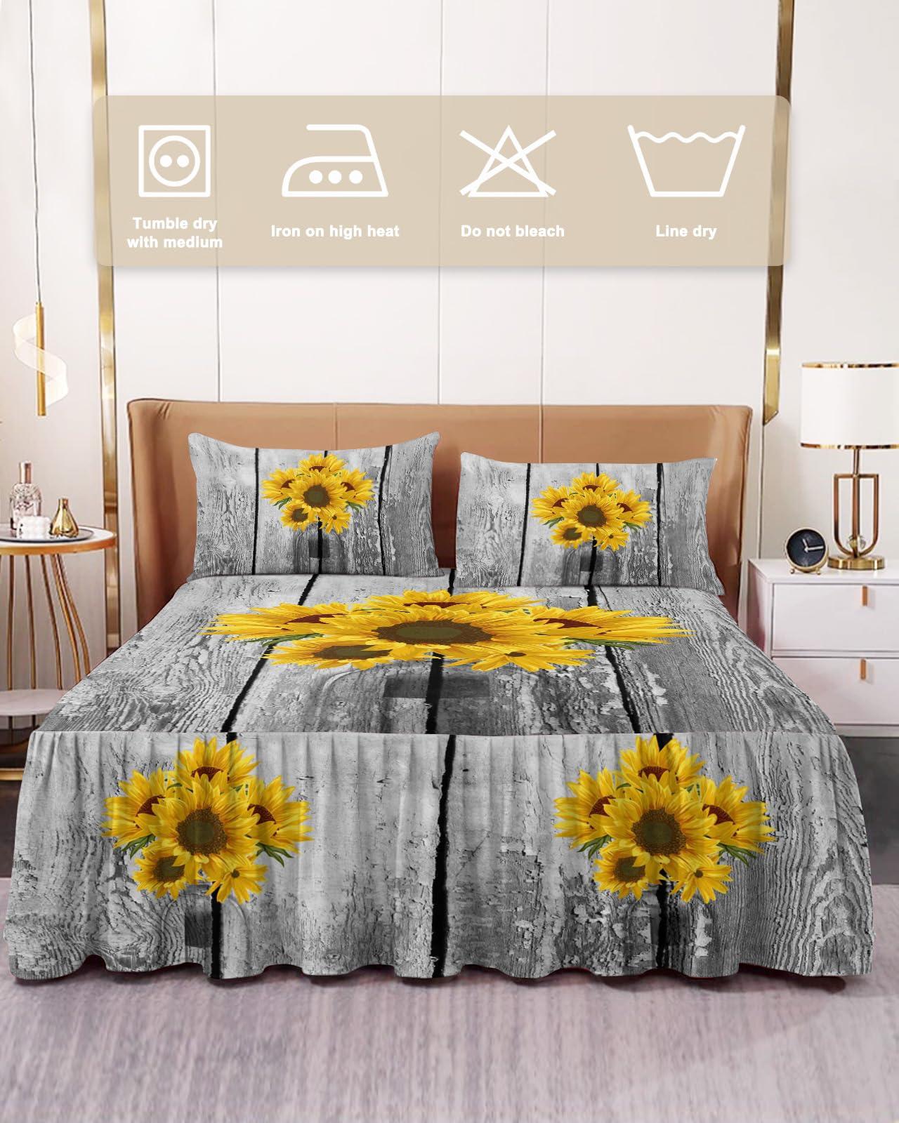Yukro Ruffled Bed Skirt King Size with 18 Drop, Sunflower Bottle Retro Wood Grain Wrap Around Bed Skirt with 2 Pillow Sham, Easy Fit Fade Resistant Dust Ruffle Decorative Bed Skirt