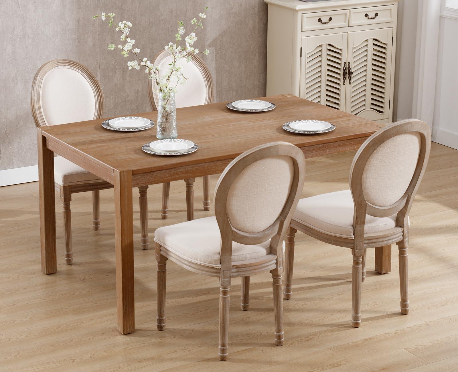 chairus chairus Farmhouse Dining Chairs Set of 4, French Country Dining Room Chairs Vintage Fabric Upholstered Chair with Round Back Dark Wood Legs, Beige 4 PCS