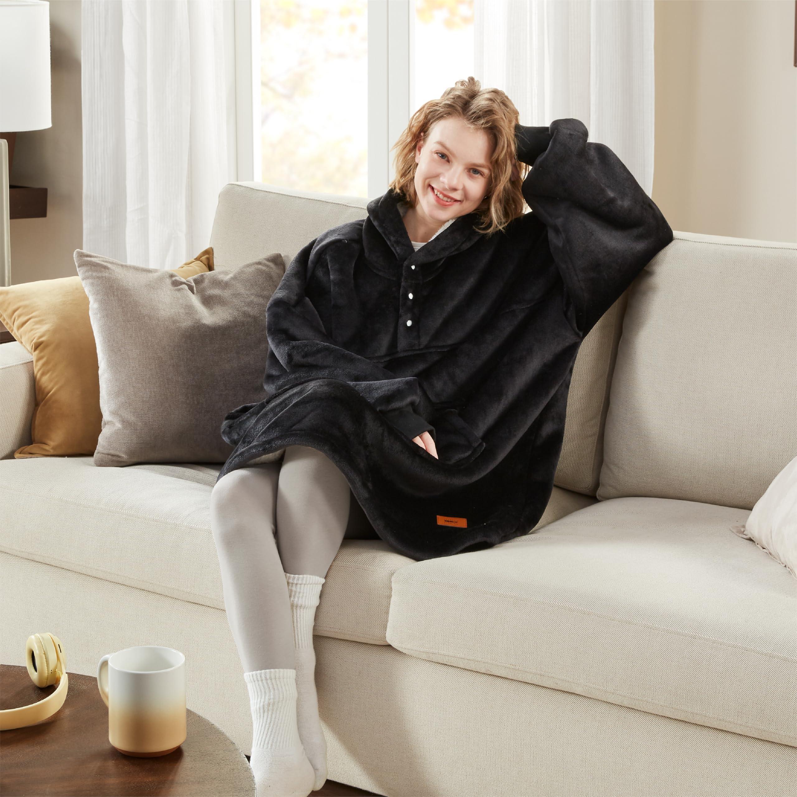 Degrees of Comfort Degrees of Comfort Wearable Blanket Hoodie, Oversized Sherpa Hooded Blankets Sweatshirt - Gifts for Women and Men - 38x32 inch Adult Size, Black