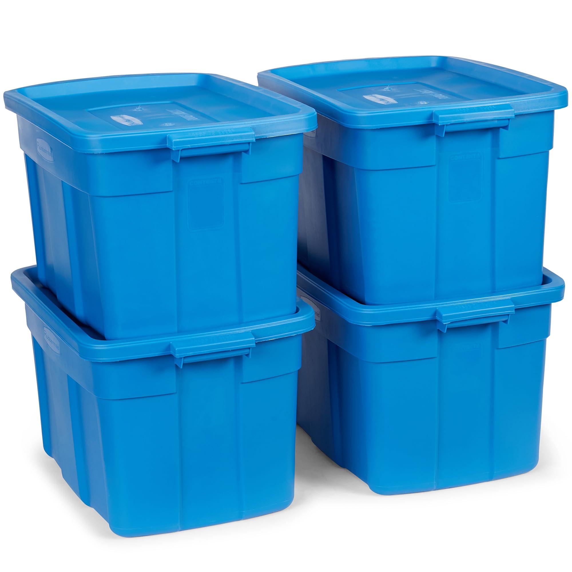 Rubbermaid Rubbermaid Roughneck Tote 25 Gal, 4 Pack, Made in USA, Herirage Blue, Rugged Plastic Stackable Storage Bins with Lids and Handles