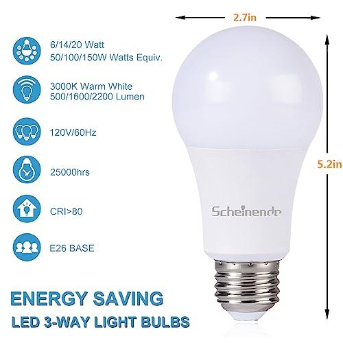 Scheinenda Scheinenda 3-Way Led Light Bulbs A21, 50 100 150 Watt Equivalent, Perfect for Reading, 3000K Warm White, Indoor Standard E26 Bulb, Energy Efficient 20 Watt, 2200 Lumens, 2 Pack