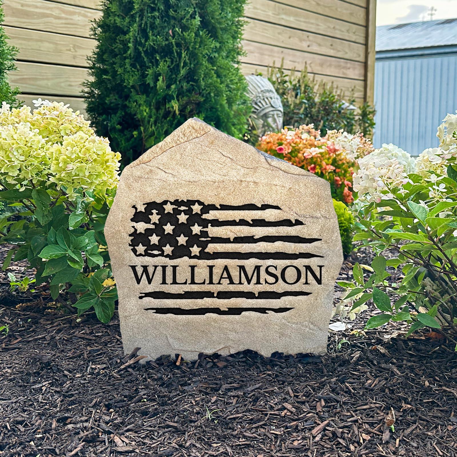 DESIGN A STONE Personalized Flag Name Stone - Engraved Garden Stone - Sandstone 21\" x 21\" - Monogram Stone by Design A Stone