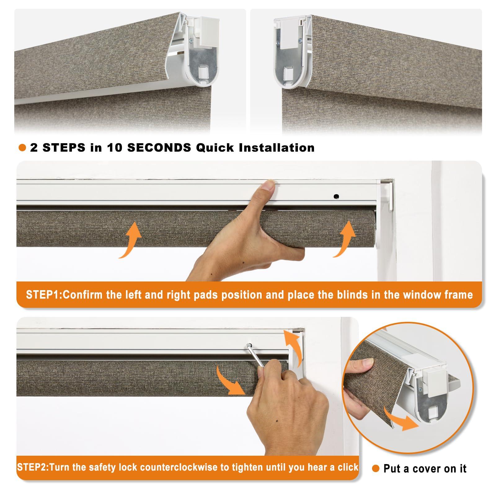 Persilux Persilux No Drill No Tools Blackout Roller Shades for Windows,Linen Fabric Cordless Roller Blinds,UV Protection Custom Blinds for Home,Bedroom,Living Room,Khaki-Blackout,54" W X 48" H