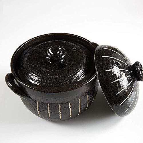 ZJXDPBF Round Stove Stew Japanese Donabe Stone Rice Pot with Double Lid Clay Rice Cooker Soup Pot Stoneware Heat Resistant Ceramic Casserole Black 17 x 15.5 cm (7 x 6 inches)