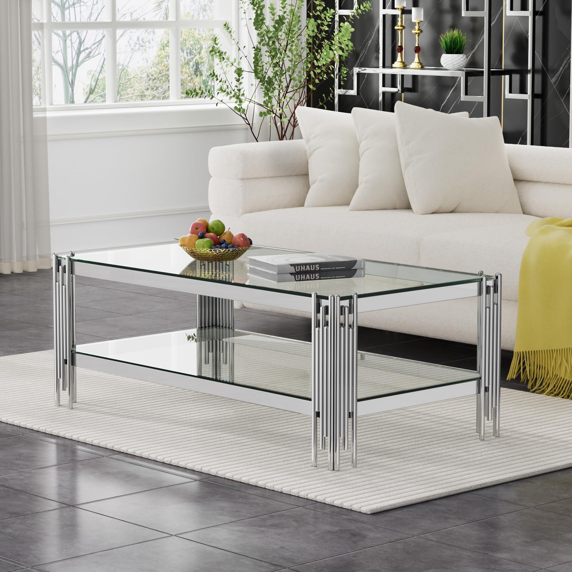 Henf 47.24" Glass Coffee Table, Luxury 2-Tier Center Coffee Table with Silver Stainless Steel Frame, Modern Rectangle Center Table Accent Cocktail Table with Low Storage Shelf for Living Room