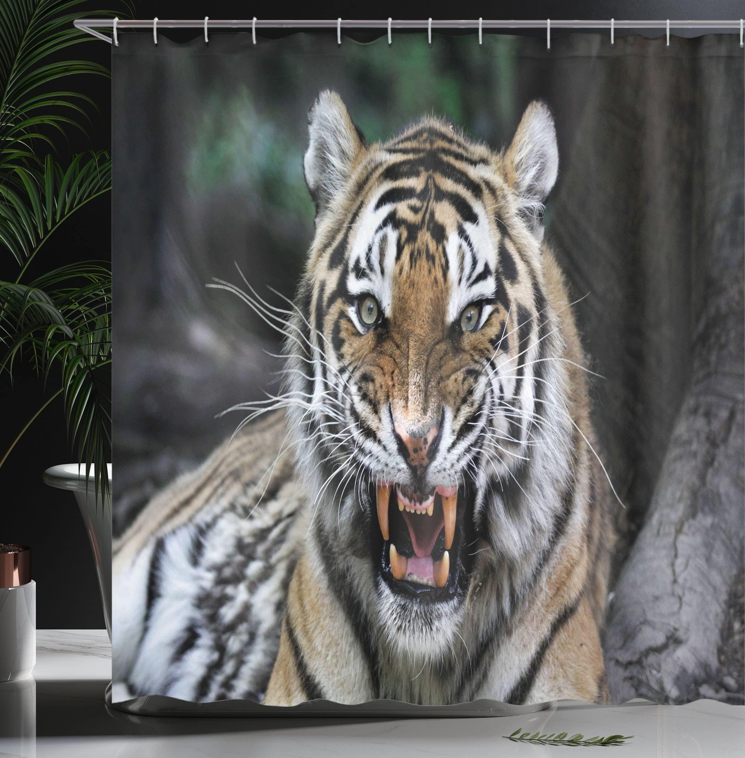 Ambesonne Ambesonne African Shower Curtain, Tiger Face with Roaring Wildlife Savannah Animal Nature Zoo Focused Photo Print, Cloth Fabric Bathroom Decor Set with Hooks, 69\" W x 70\" L, Caramel Grey