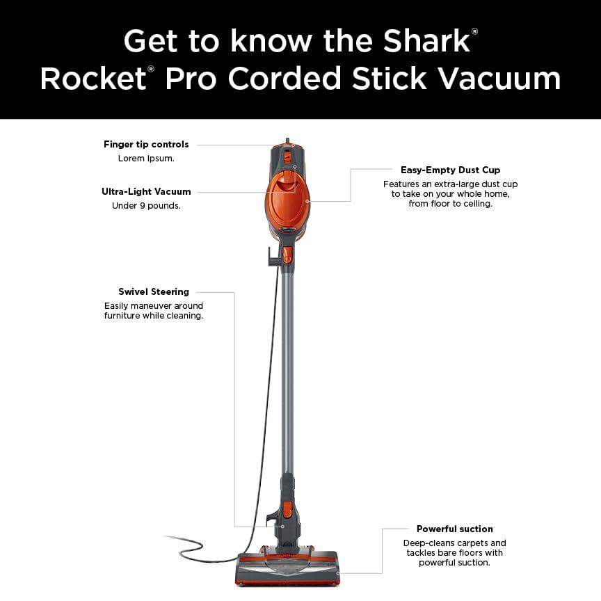 Shark Shark HV302 Rocket Pet Corded Stick Vacuum, Lightweight with Swivel Steering for Carpets & Hard Floors, Converts to Hand Vacuum, Includes Crevice Tool, Pet Multi-Tool & Precision Duster, Orange