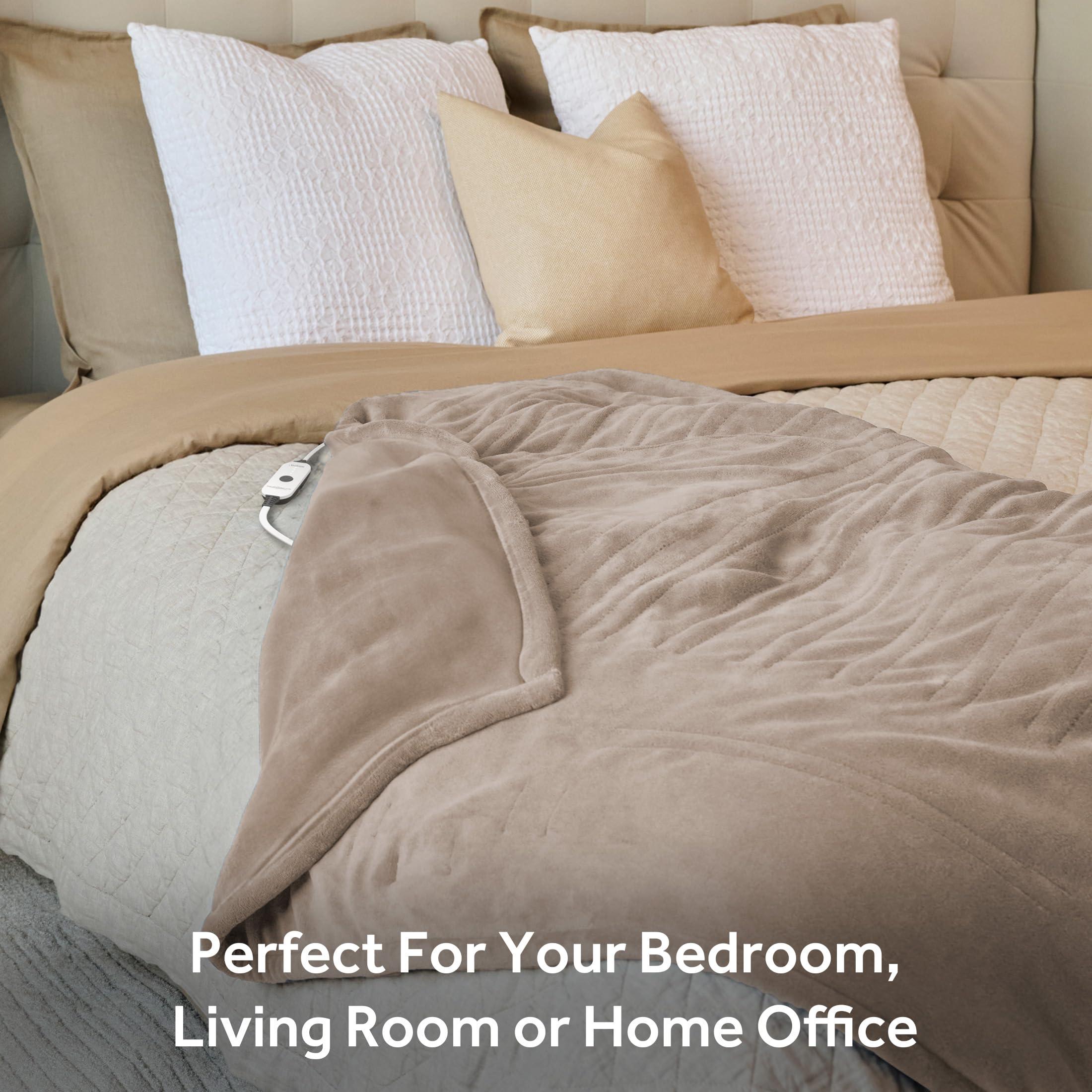 Sunbeam Sunbeam Electric Throw Royal Luxe Microplush Heated Blanket, 4 Heat Settings, 4-Hour Auto Shut-Off, Fast Heating, Warm and Cozy, Peyote Color, 50\" x 60\"