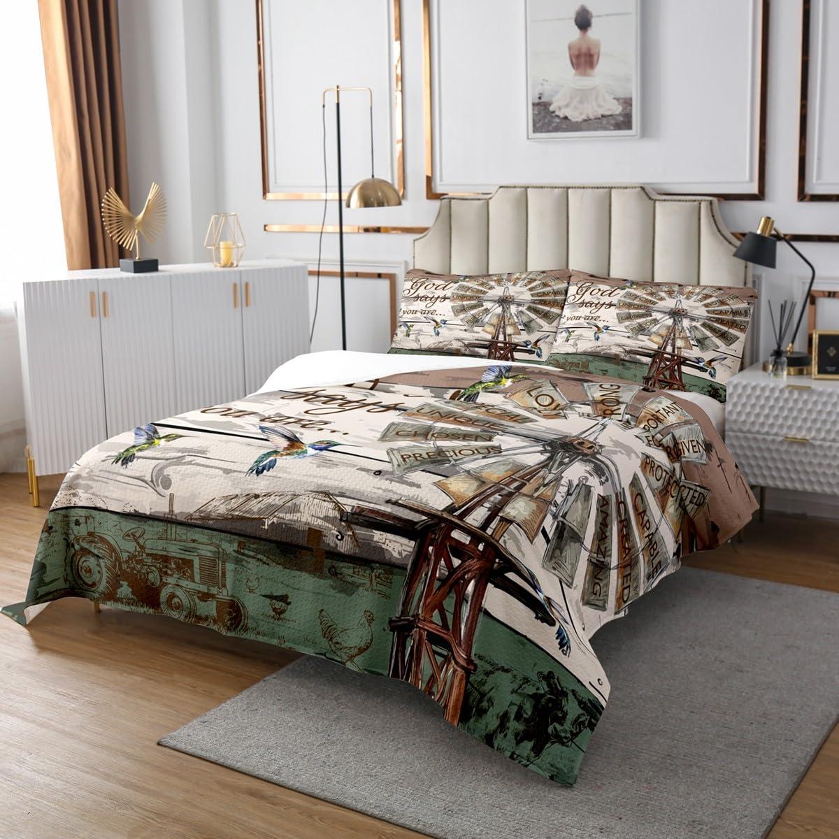 Erosebridal Rustic Farmhouse Quilt Set Queen Size, Vintage Country Windmill Coverlet Set For Kids Teens Adult Women Bedroom,Farm Animal Cabin Bedspread Set Western Wood Barn Door Bed Set With 2 Pillow Cases