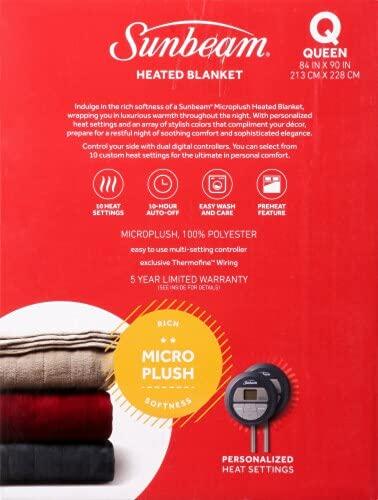 Sunbeam Sunbeam King MicroPlush Heated Electric Warming Blanket 10 Heat Settings 2-Digital Controllers Machine Washable, Light Grey, King