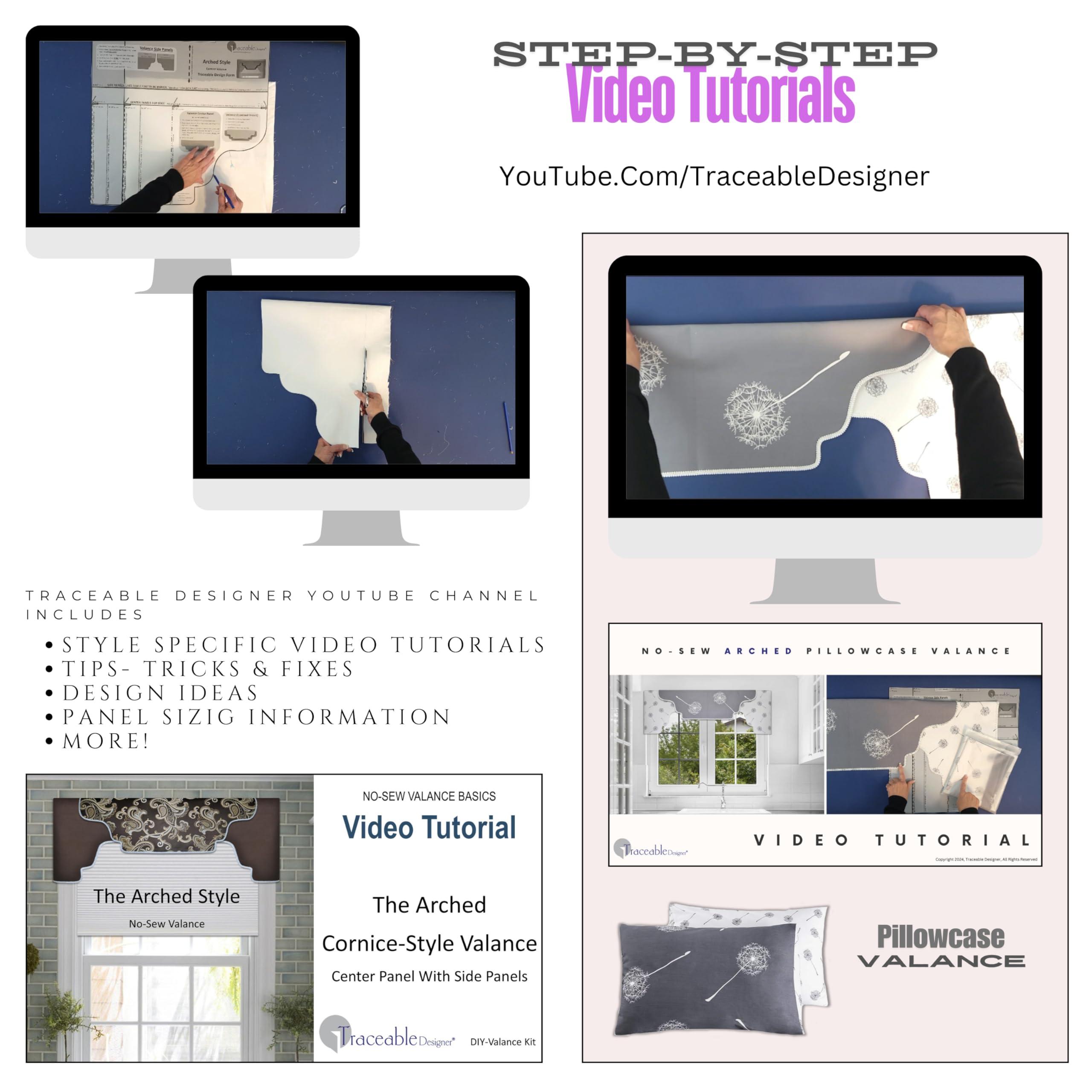 Traceable Designer Traceable Designer Arched Cornice Valance, Patented Sewing Alternative; Kit; Make No-Sew Curtains for Bedroom, Living Room,Use Over Shades or Drapes; Lined; Rod Pocket