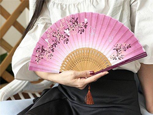 OMyTea OMyTea® 8.27"(21cm) Women Hand Held Silk Folding Fans with Bamboo Frame - with a Fabric Sleeve for Protection for Gifts - Chinese/Japanese Style Butterflies and Morning Glory Flowers Pattern (Red)