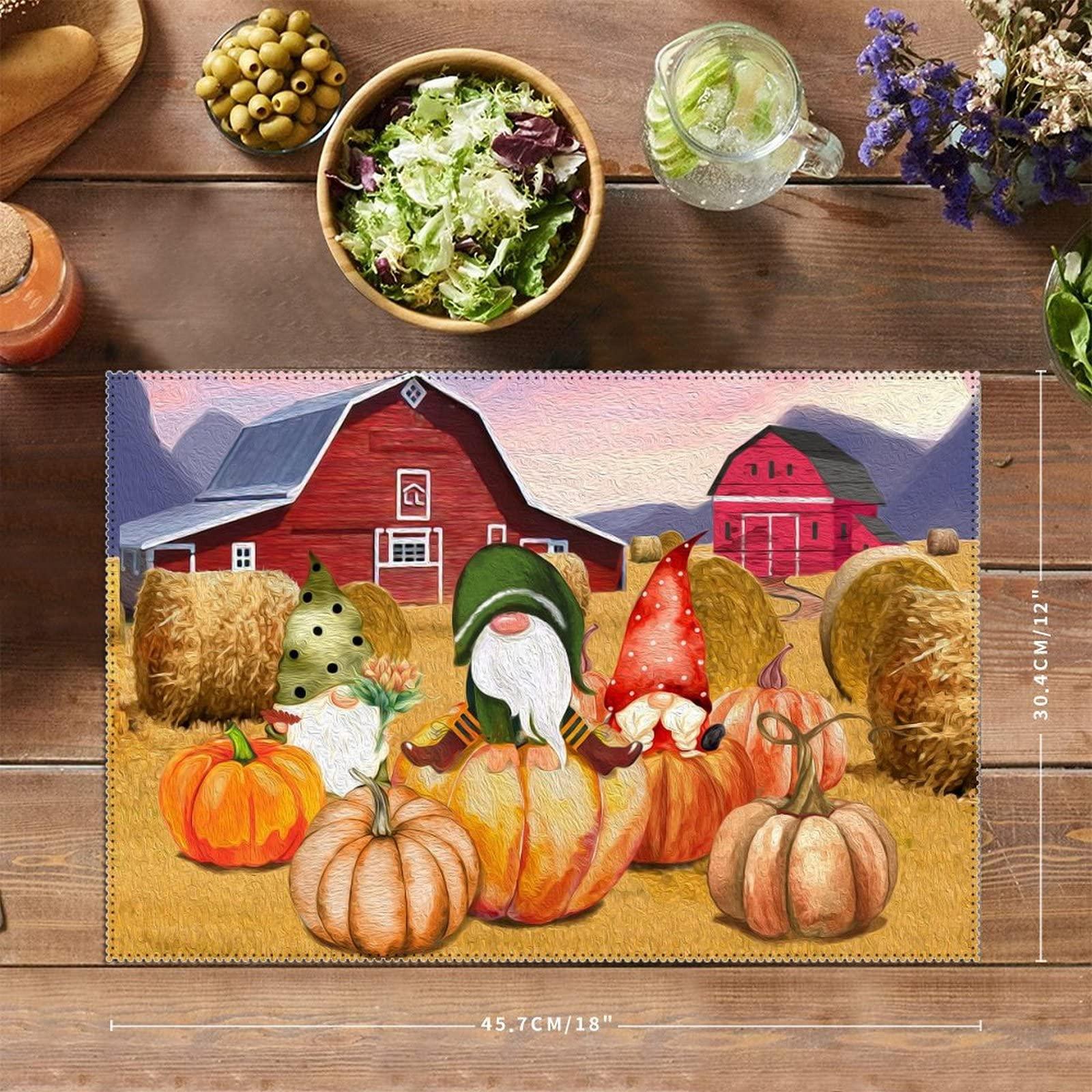 Alioyoit Table Place Mats Fall Farm Pumpkins Harvest Gnomes Chic Table Mats Reversible Reversible Dining Table Placemats Fabric Placemats Decor for Indoor Outdoor Patio Thanksgiving Day Set of 6