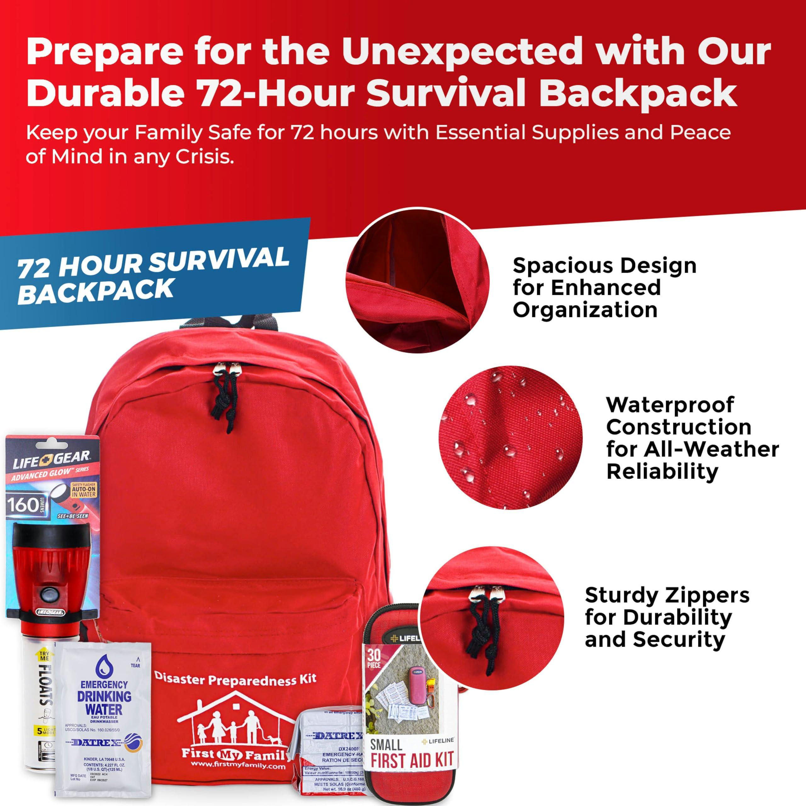 FIRST MY FAMILY A DISASTER PREPAREDNESSCOMPANY First My Family All-in-One Premium 1-Person Emergency Survival Kit | Hurricane & Earthquake Preparedness Supplies | Disaster Backpack with 72-Hour Survival Gear, First Aid, and More