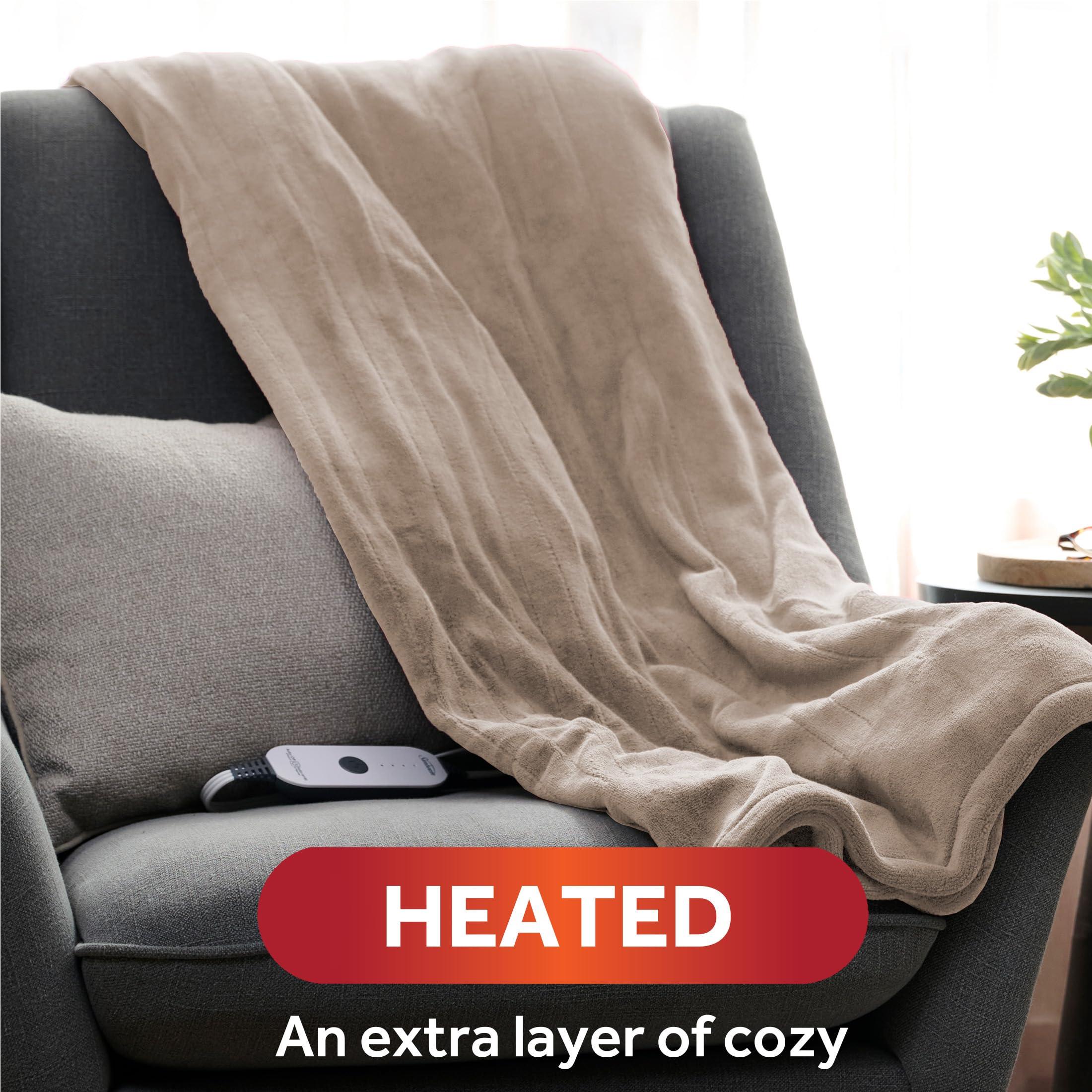 Sunbeam Sunbeam Electric Throw Royal Luxe Microplush Heated Blanket, 4 Heat Settings, 4-Hour Auto Shut-Off, Fast Heating, Warm and Cozy, Peyote Color, 50\" x 60\"