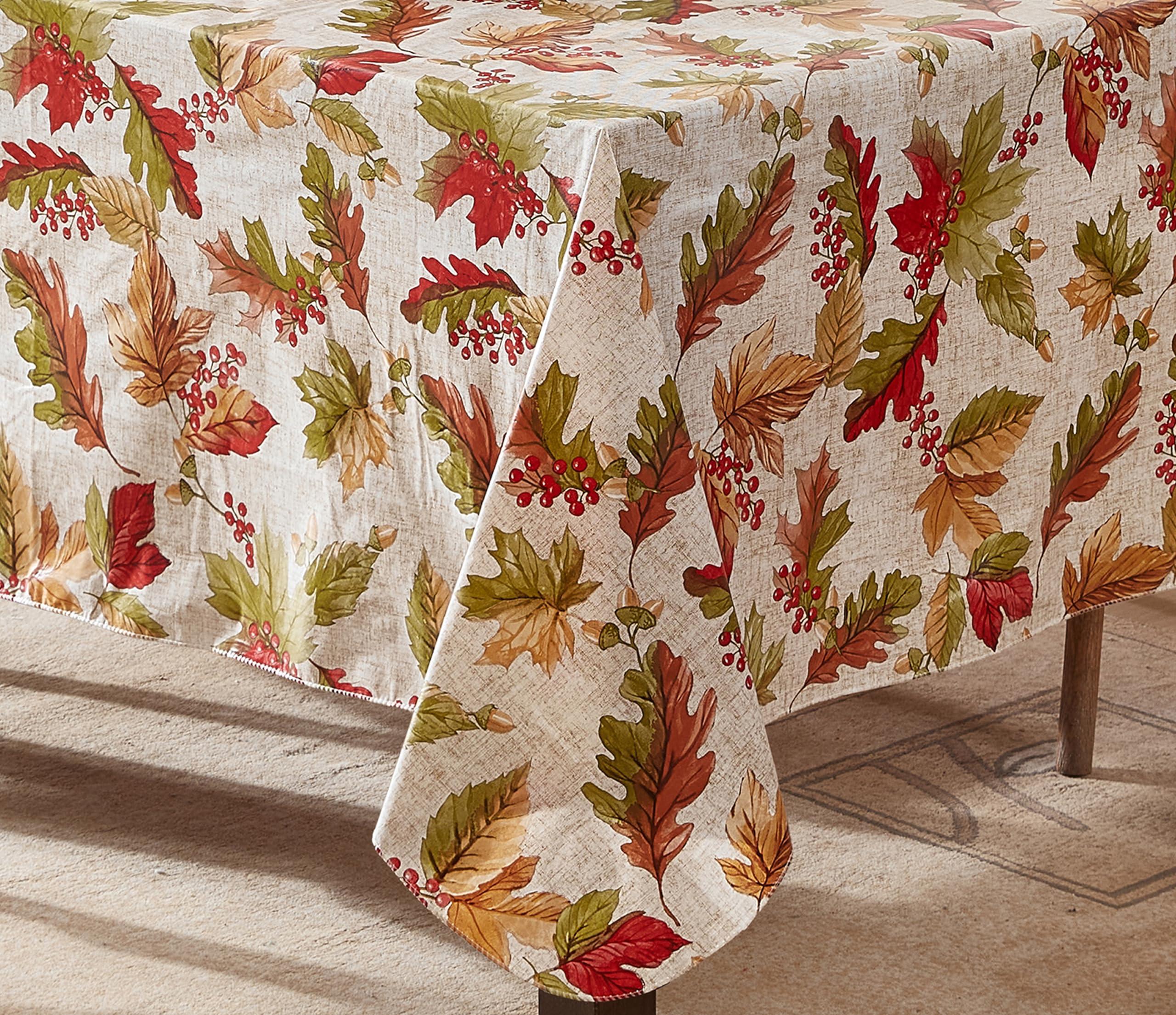 Newbridge Newbridge Rustic Fall Acorn and Leaf Print Autumn Vinyl Flannel Backed Tablecloth, Thanksgiving Autumn Leaves Kitchen Dining Room Vinyl Tablecloth with Flannel Backing, 52\" x 52\" Square