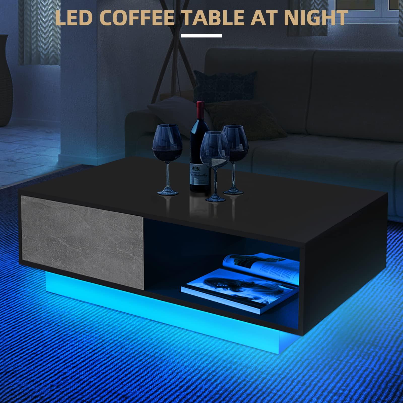 HOMMPA HOMMPA Small LED Coffee Tables for Living Room Grey Coffee Table with LED Lights Modern Low Profile Center Table with High Gloss Table Top for Small Place 13\" Tall