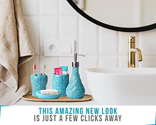 Comfify Designer - 4 Piece Bathroom Accessories Set - with Soap or Lotion Dispenser, Toothbrush Holder, Tumbler and Soap Dish - Glossy Finish - Porcelain (Ocean Waves, Aqua Blue) Holds 15.6oz
